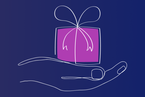 Illustration af hånd, der holder en lille lilla gave