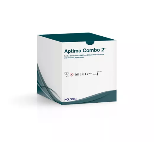 Billede af en boks med Aptima Combo 2® Assay (for CT/NG) på hvid baggrund