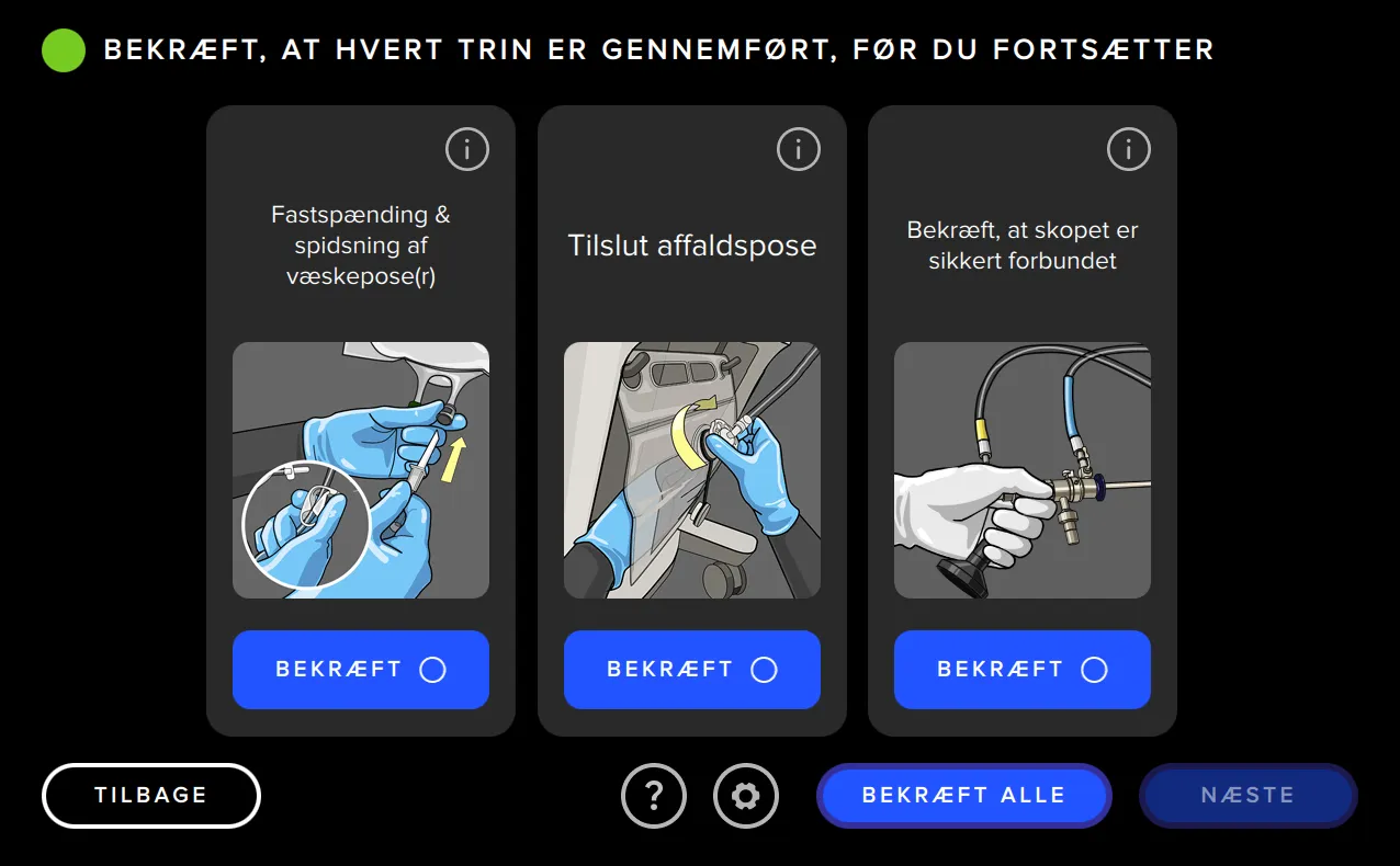 Skærmbillede fra Fluent Pro Fluid Management System brugergrænseflade, der viser systemopsætningen.