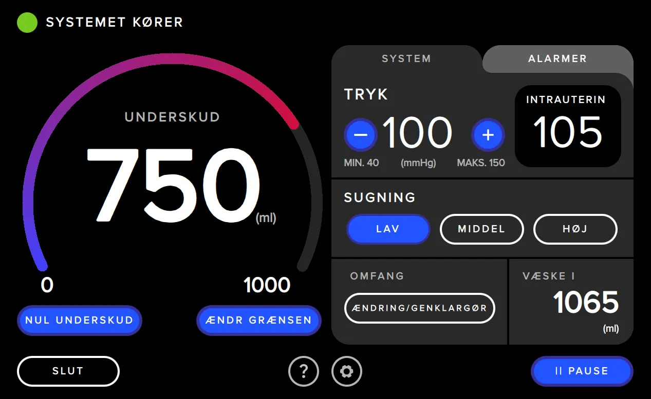 Skærmbillede fra Fluent Pro Fluid Management System brugergrænseflade viser trykket.