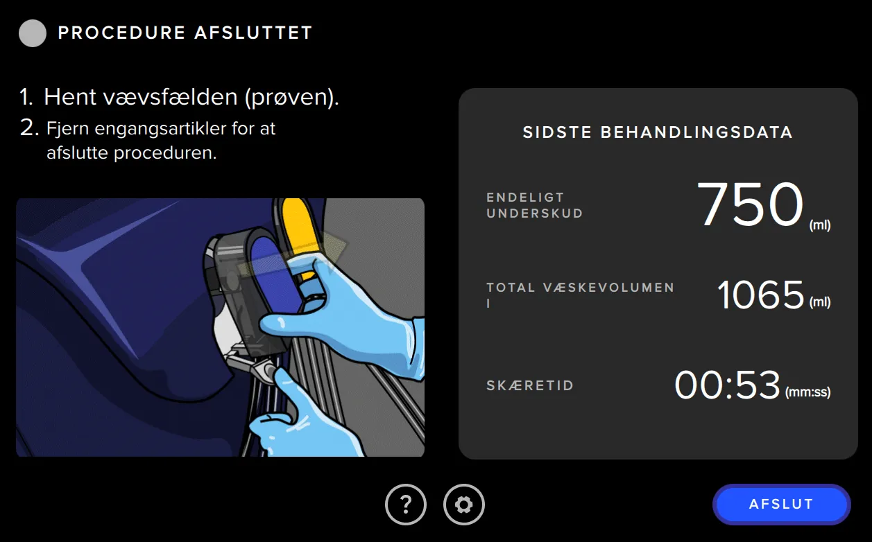 Skærmbillede fra Fluent Pro Fluid Management System brugergrænseflade, der viser procedure oversigt.
