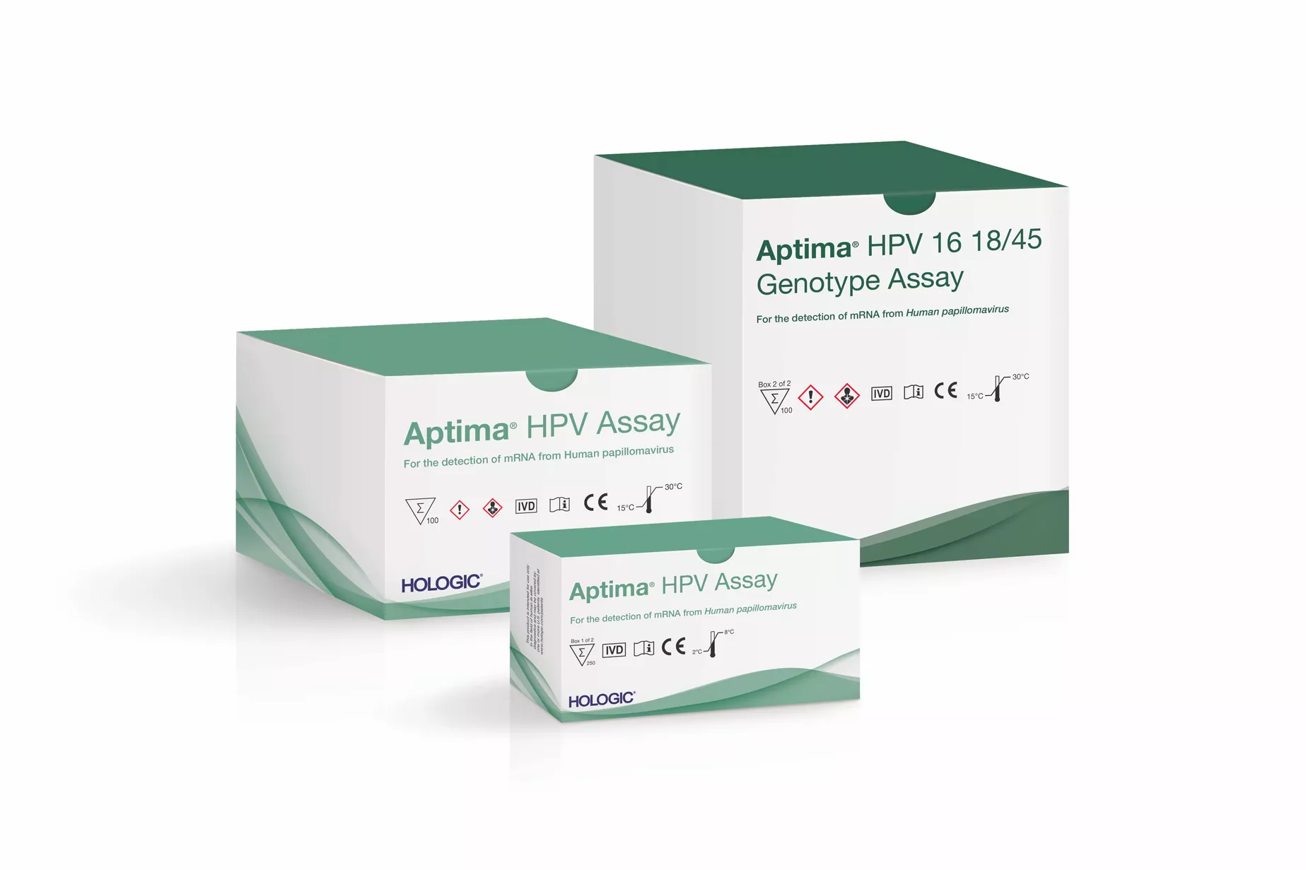Kits med Aptima HPV-analysen på hvid baggrund